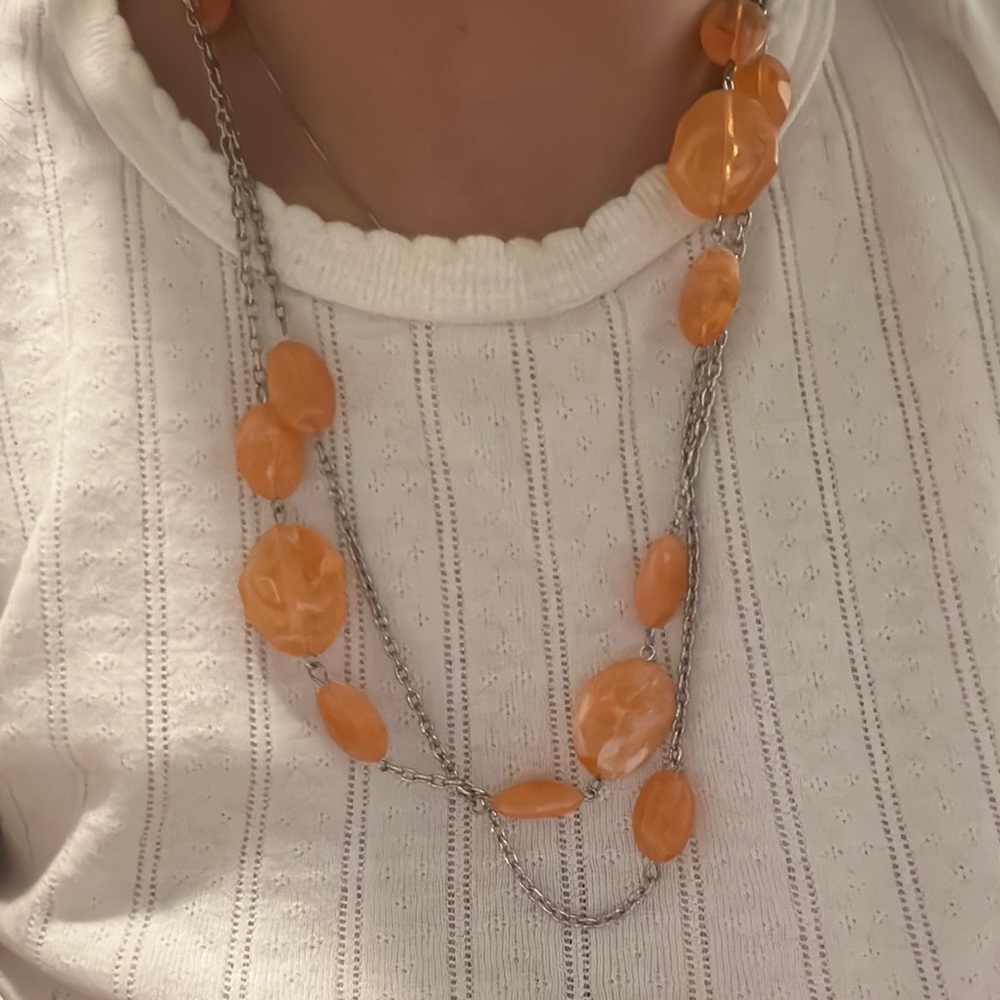 Orange and Silver Floral Necklace with Two-Strand Design